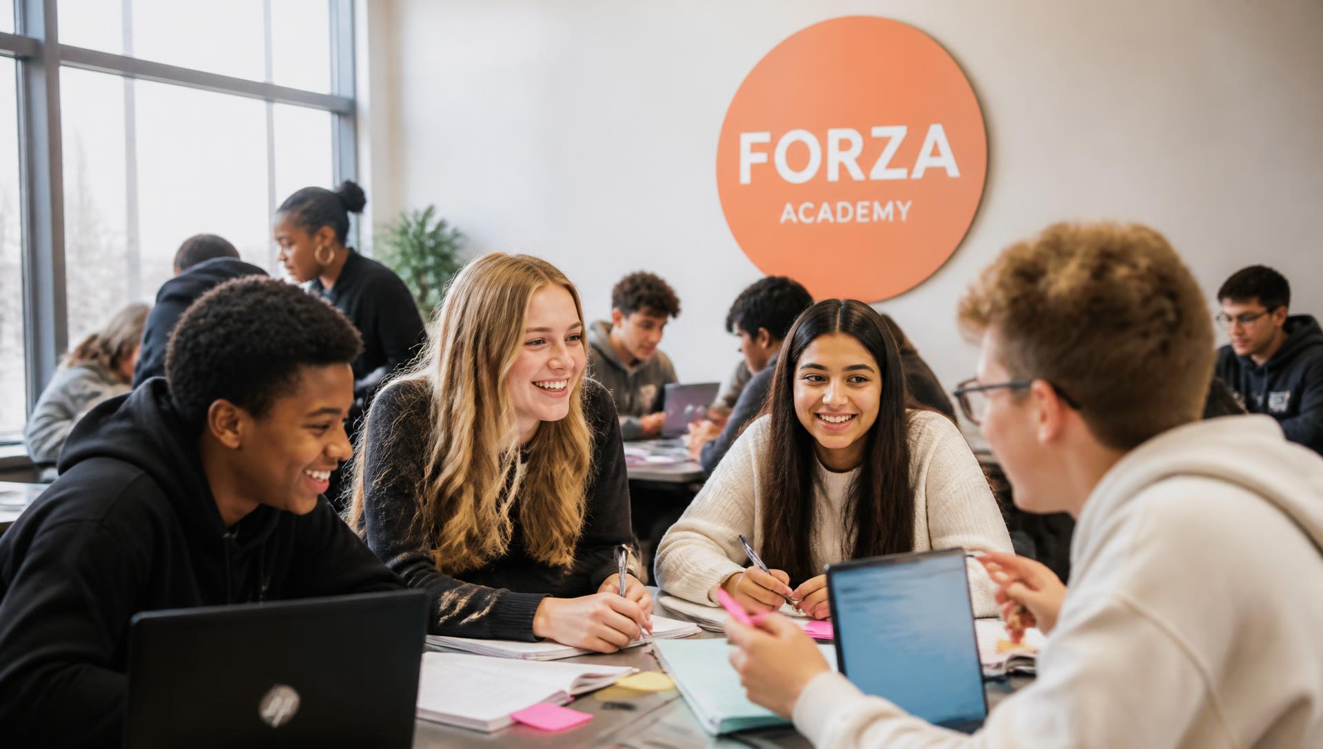 En divers grupp glada, engagerade eleven samarbetar i ett lust klassrum med Forza Academy-loggan synlig på väggen